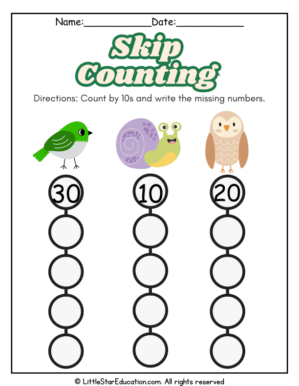 Skip Counting by Tens Practice for Kindergarten and First Grade