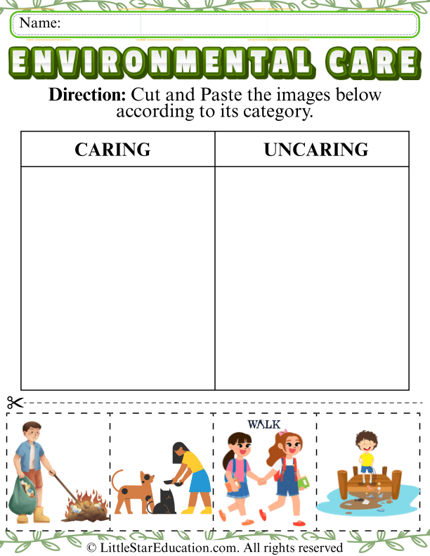 Sorting Caring and Uncaring Actions for Early Environmental Awareness