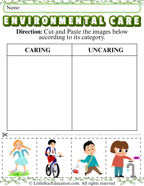 Sorting Caring for Nature: Cut and Paste Environmental Lesson for Kids