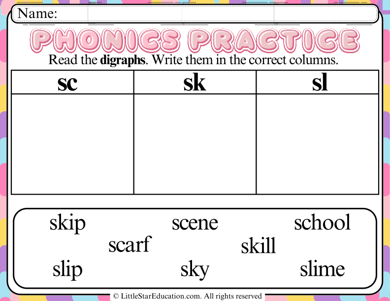 Sorting Digraph Sounds: Practice for Early Elementary Reading Skills