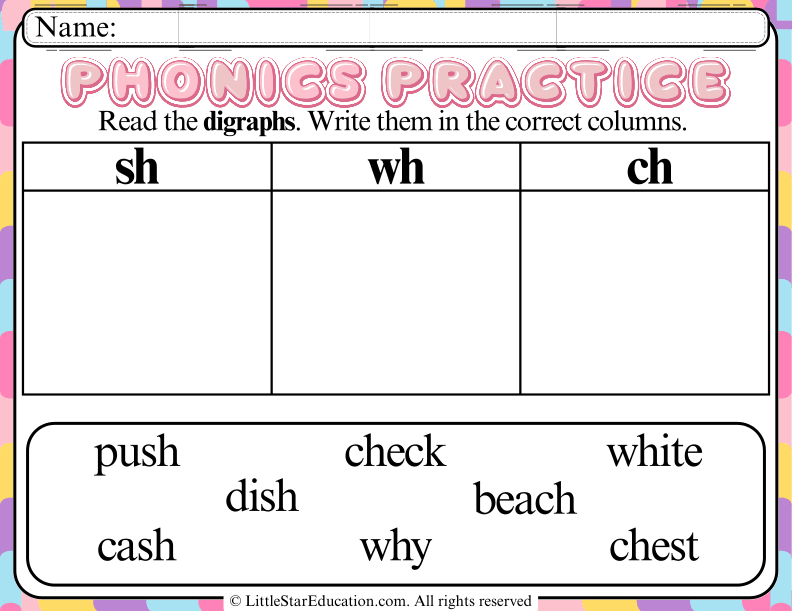 Sorting Digraphs: sh, wh, ch Practice for Early Readers