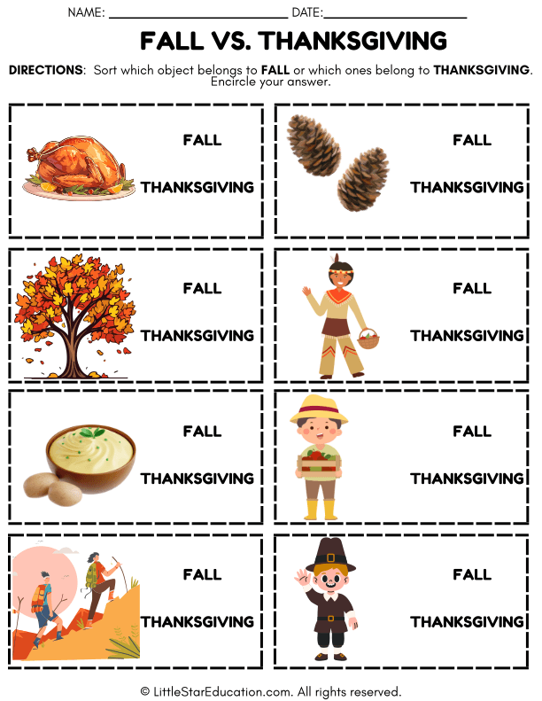 Sorting Fall and Thanksgiving Objects for Early Social Studies