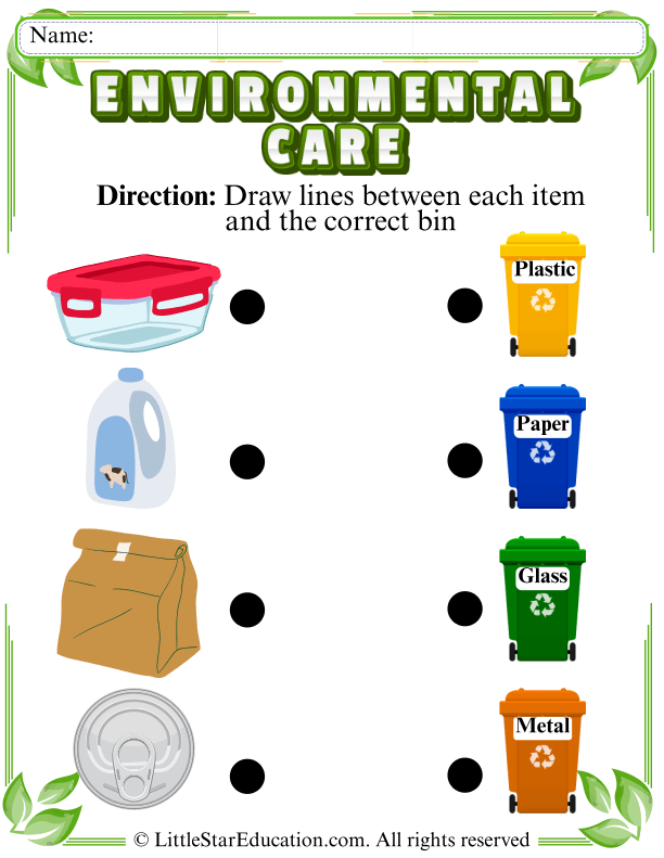 Sorting Recyclables: Match Items to Plastic, Paper, Glass, Metal Bins