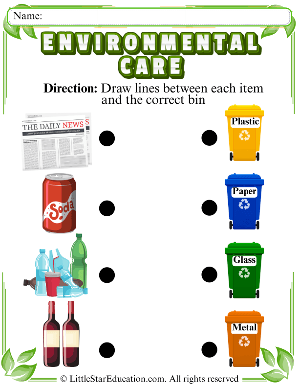 Sorting Trash: Match Items to Plastic, Paper, Glass, or Metal Bins