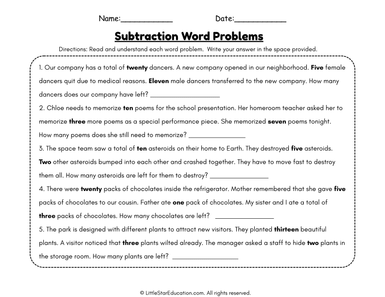 Subtraction Word Problem Practice for First Grade Math Skills