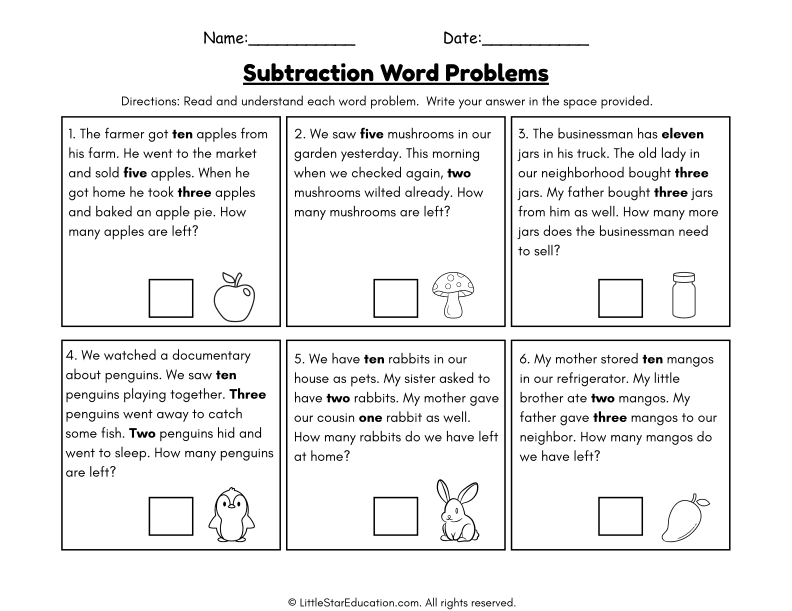 Subtraction Word Problems for First Grade Math