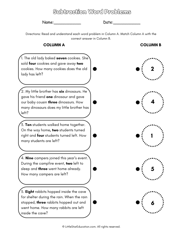 Subtraction Word Problems for First Grade Math Practice