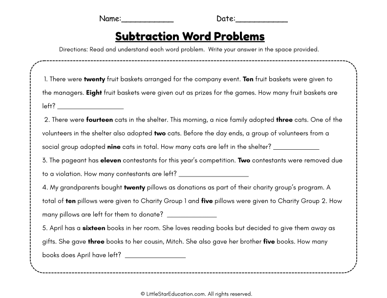 Subtraction Word Problems for First Grade Math Practice With Story