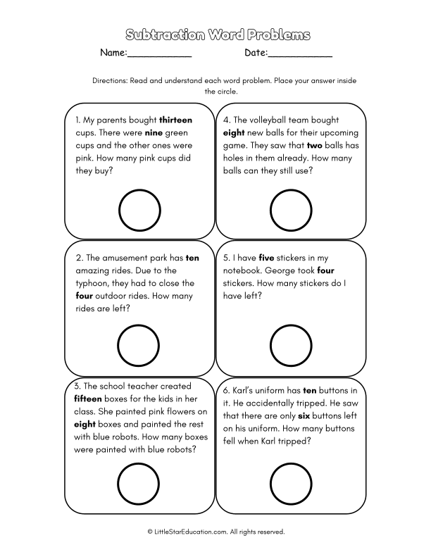 Subtraction Word Problems for Grade 1 Math Practice