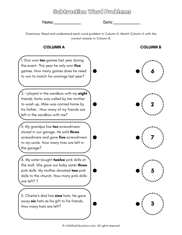 Subtraction Word Problems Matching for First Grade Math Skills