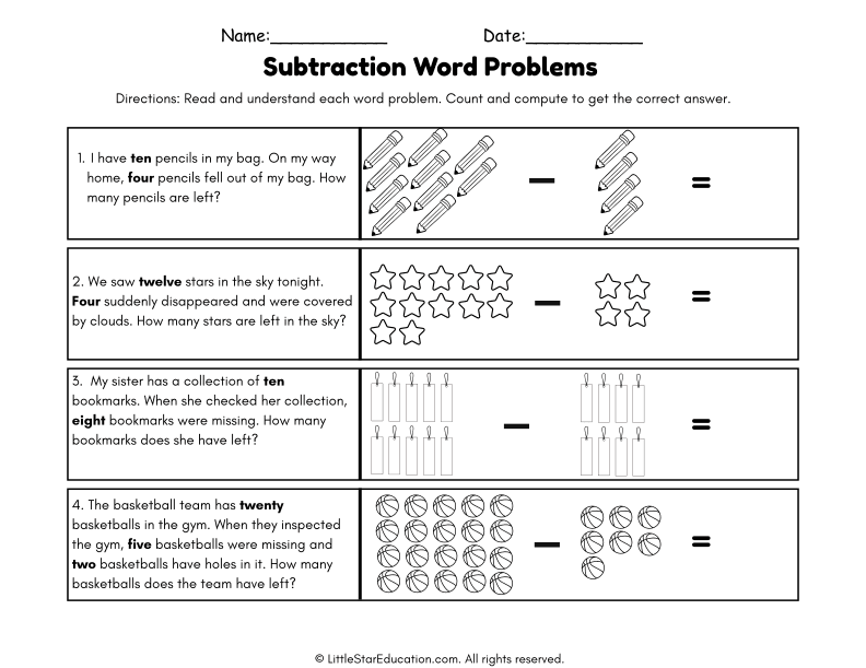 Subtraction Word Problems with Pictures for First Grade Math