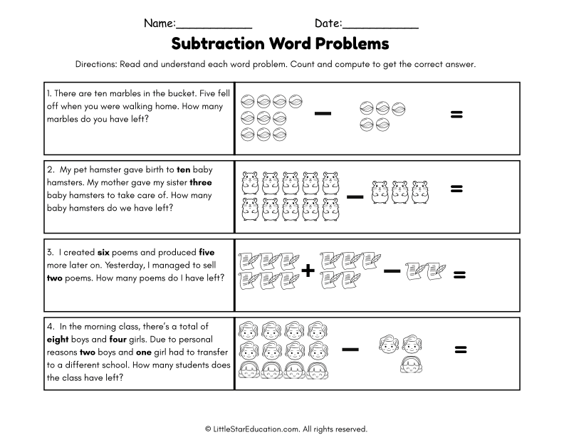 Subtraction Word Problems with Pictures for Grade 1 Math