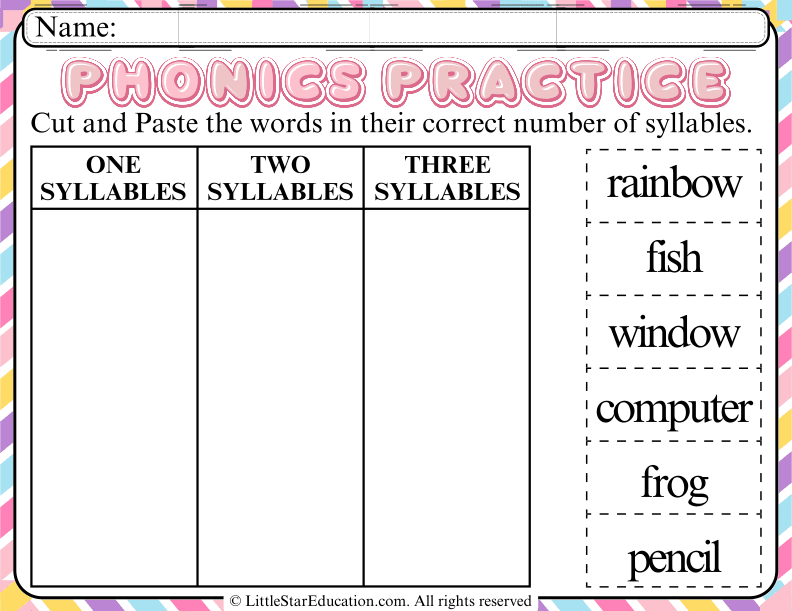 Syllable Sorting Cut and Paste for Kindergarten Reading Skills