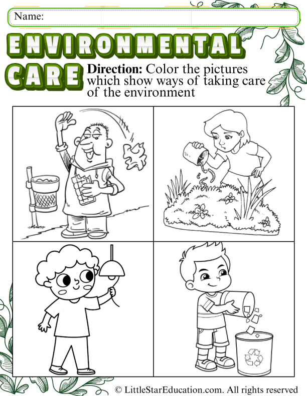 Taking Care of the Environment Coloring for Kindergarten