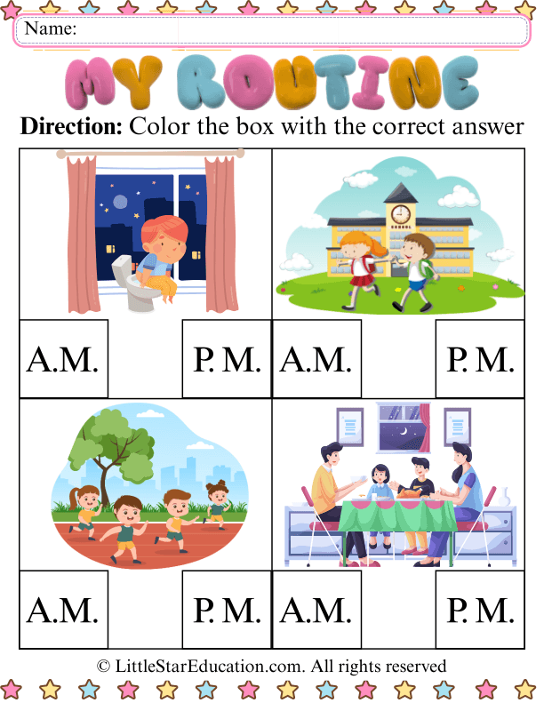 Telling Time AM and PM Coloring Practice for Early Elementary Math