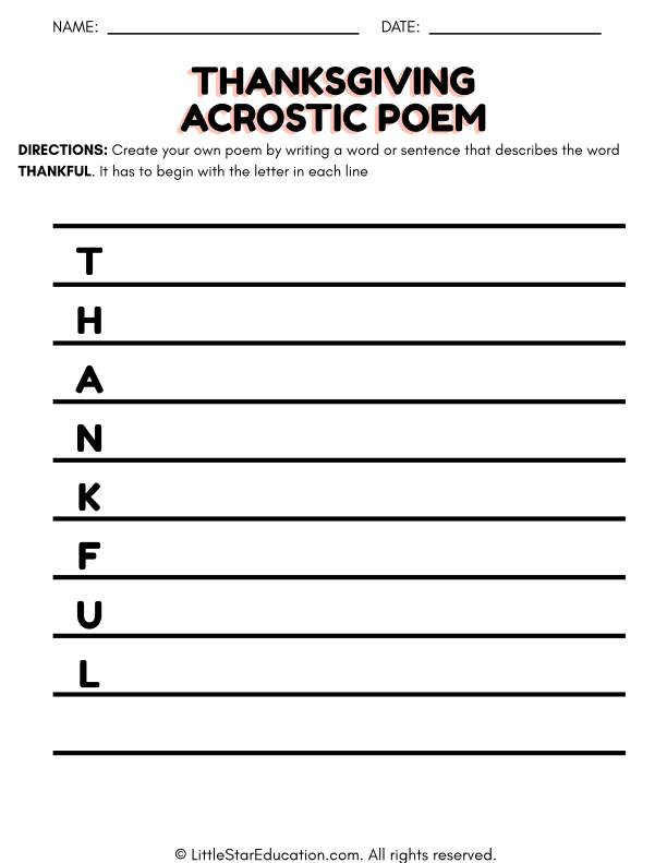 Thanksgiving Acrostic Poem Template for Creative Writing Skills