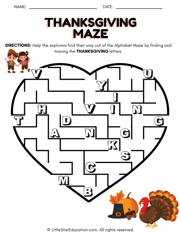 Thanksgiving Alphabet Maze Tracing for Preschool and Kindergarten