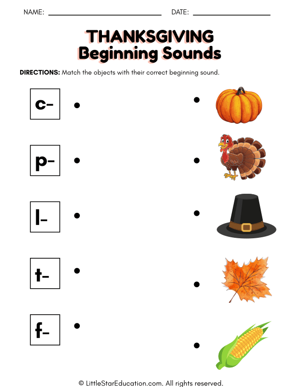 Thanksgiving Beginning Sounds Matching for Early Learners