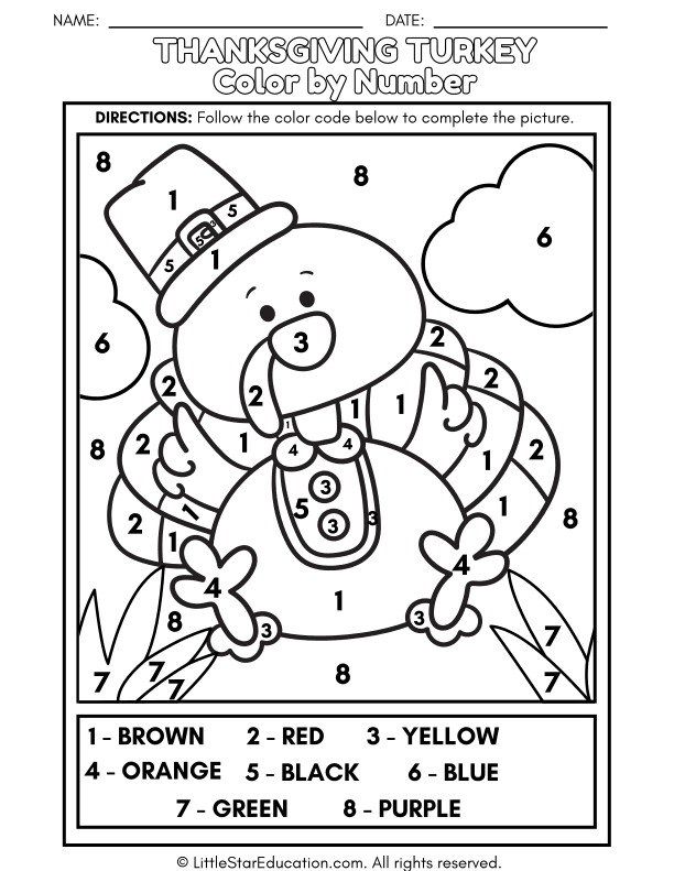 Thanksgiving Color by Number Math for Preschool and Kindergarten
