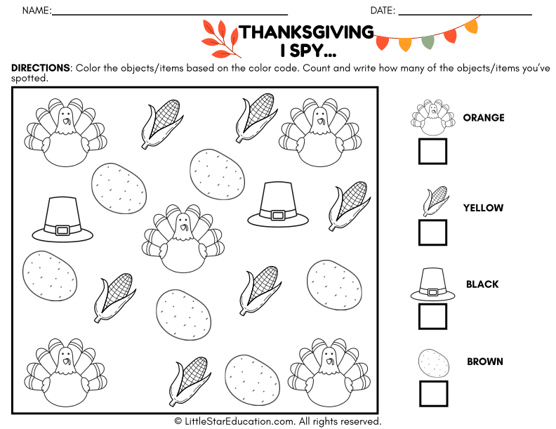Thanksgiving Counting and Color Recognition for Pre-K Math