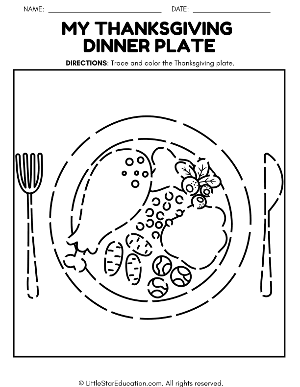 Thanksgiving Dinner Plate Trace and Color for Preschool Art