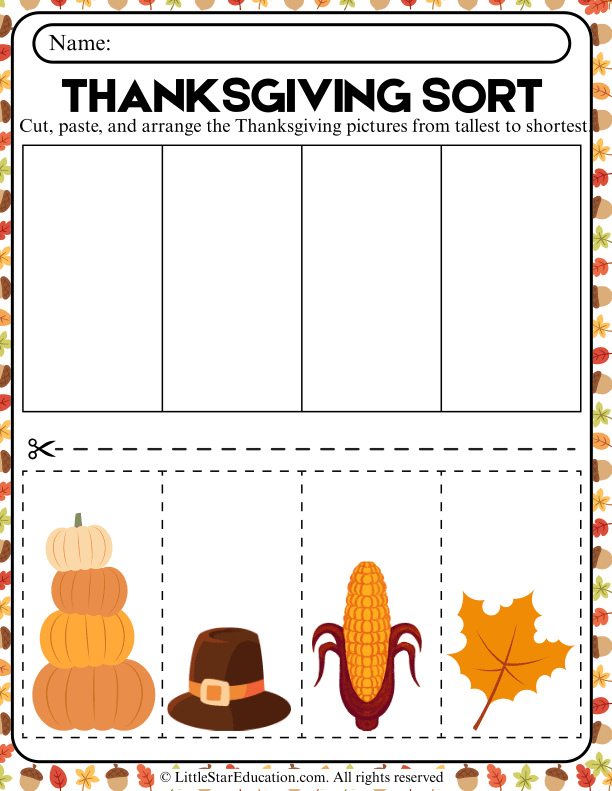 Thanksgiving Math Sorting: Tallest to Shortest Height for Pre-K