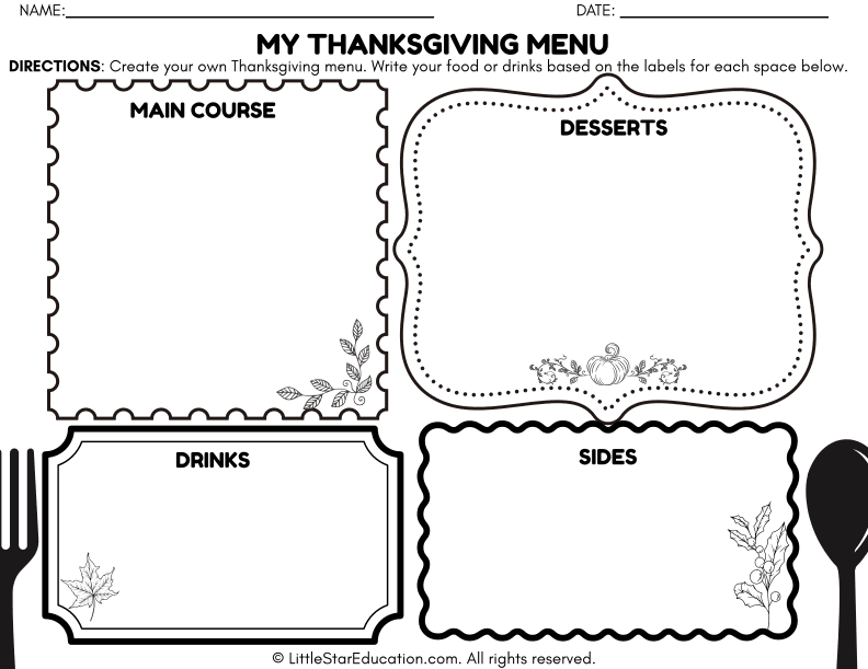 Thanksgiving Menu Writing Prompt for Early Elementary ELA