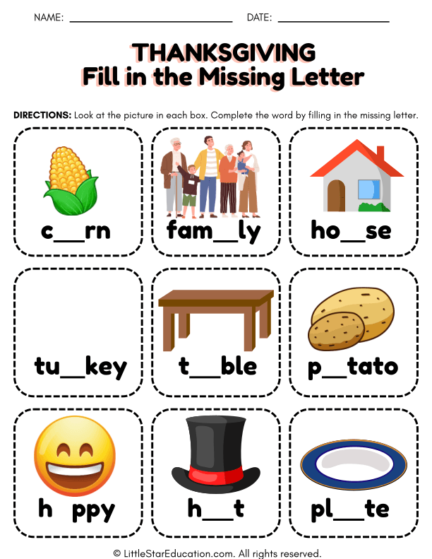 Thanksgiving Missing Letters: Early Literacy Practice for Pre-K Kids