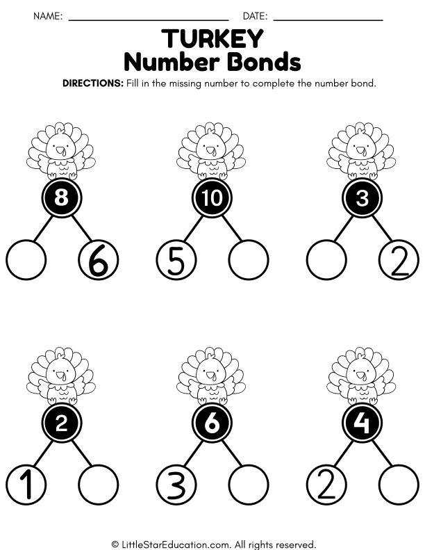 Thanksgiving Number Bonds Practice for Kindergarten and First Grade Math