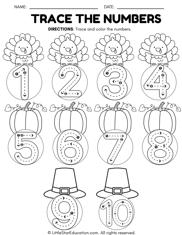 Thanksgiving Number Tracing and Coloring for Preschool and Kindergarten