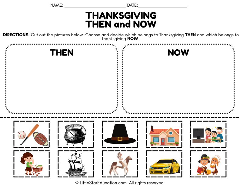 Thanksgiving Past vs Present Sorting for Kindergarten Social Studies