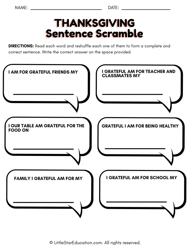 Thanksgiving Sentence Scramble for Early Elementary ELA Skills