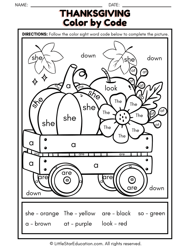 Thanksgiving Sight Words Color by Code for Pre-K & Kindergarten