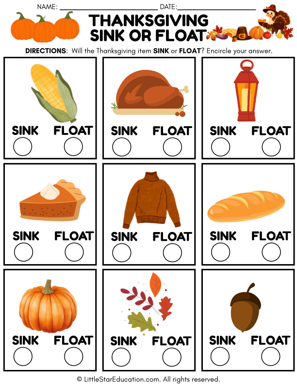 Thanksgiving Sink or Float Science for Preschool and Kindergarten