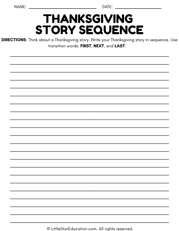 Thanksgiving Story Sequencing with First, Next, Last for Early Readers