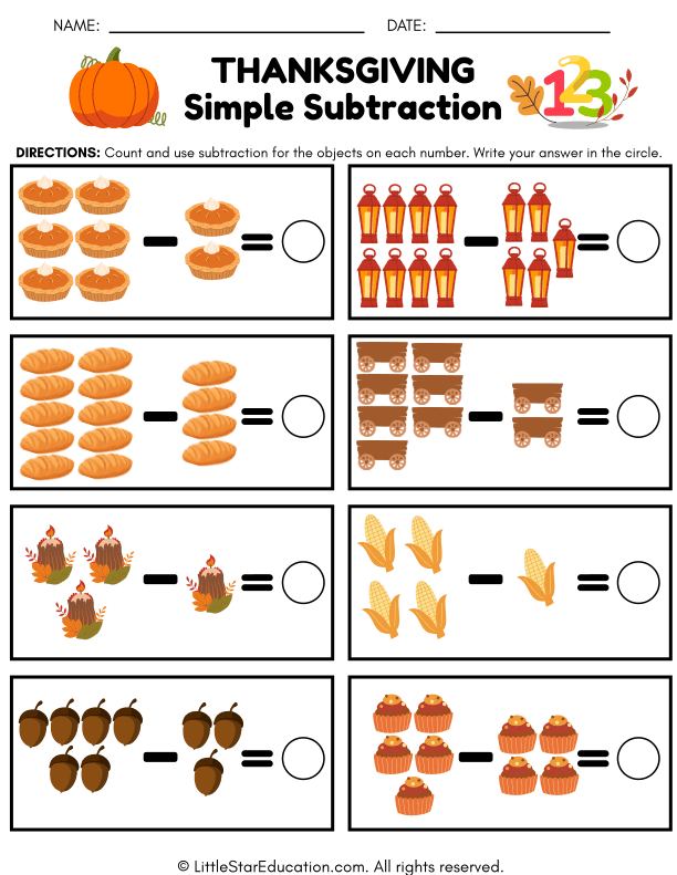 Thanksgiving Subtraction Practice for Kindergarten and First Grade