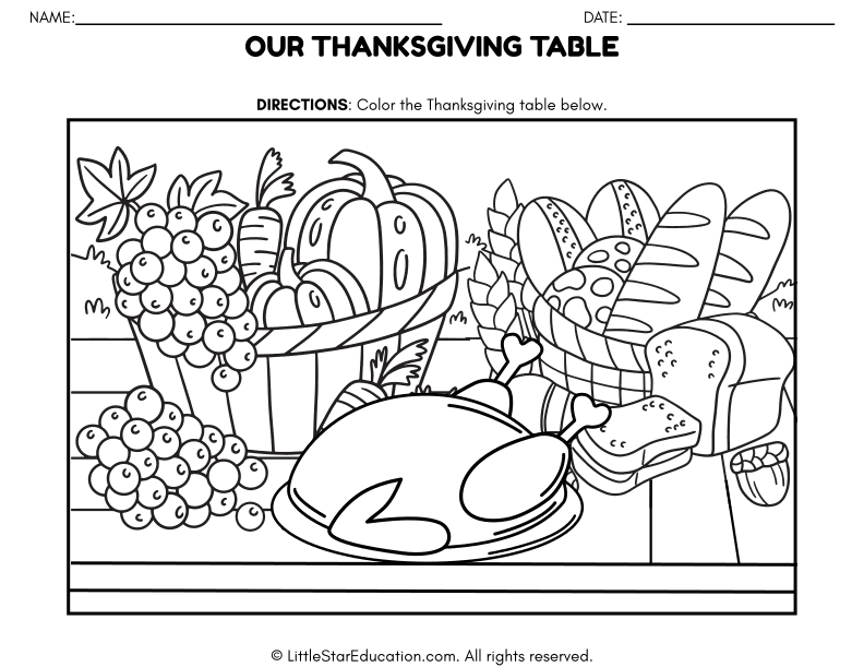 Thanksgiving Table Coloring Page for Preschool and Kindergarten Art