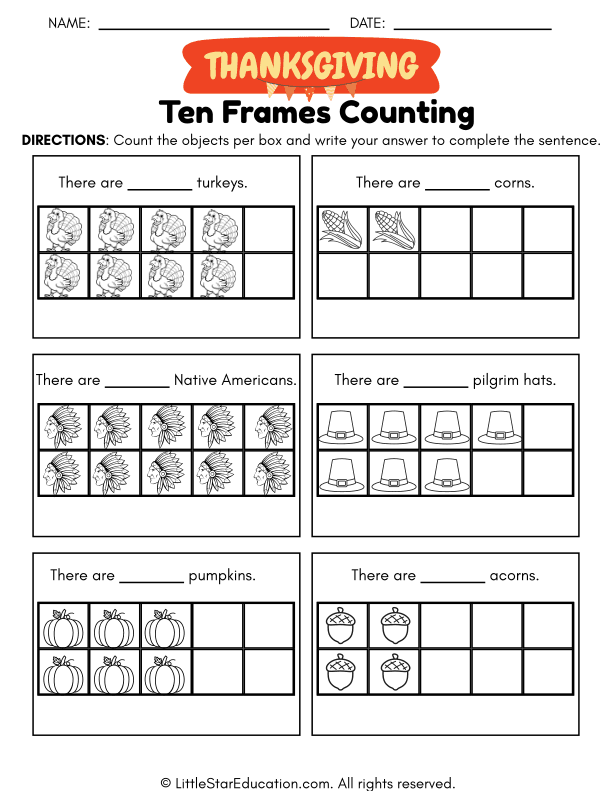Thanksgiving Ten Frame Counting Practice for Early Math Skills