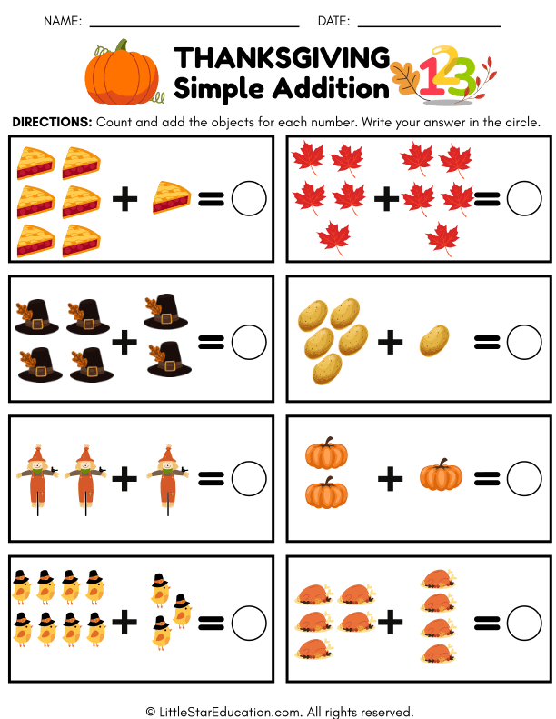 Thanksgiving Themed Simple Addition Practice for Early Learners