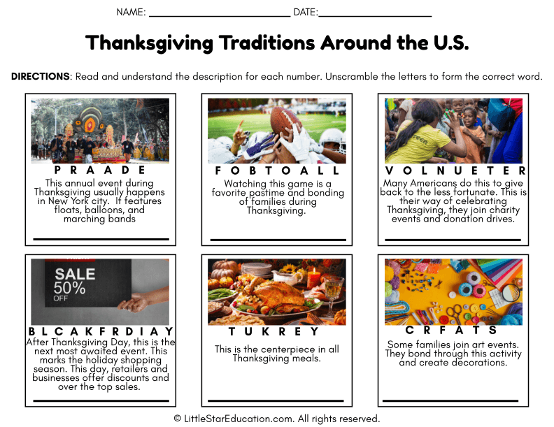 Thanksgiving Traditions and Vocabulary Puzzle for Elementary Social Studies