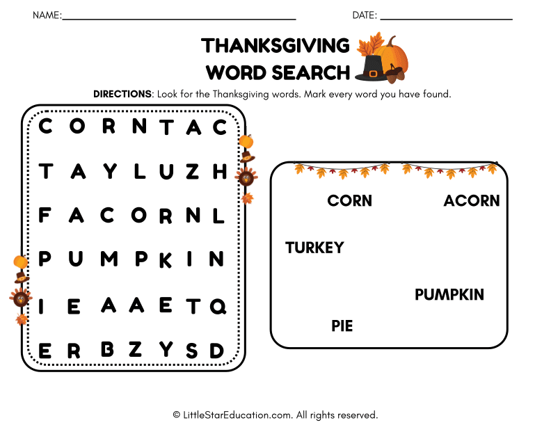 Thanksgiving Word Search Puzzle for Early Elementary ELA Skills