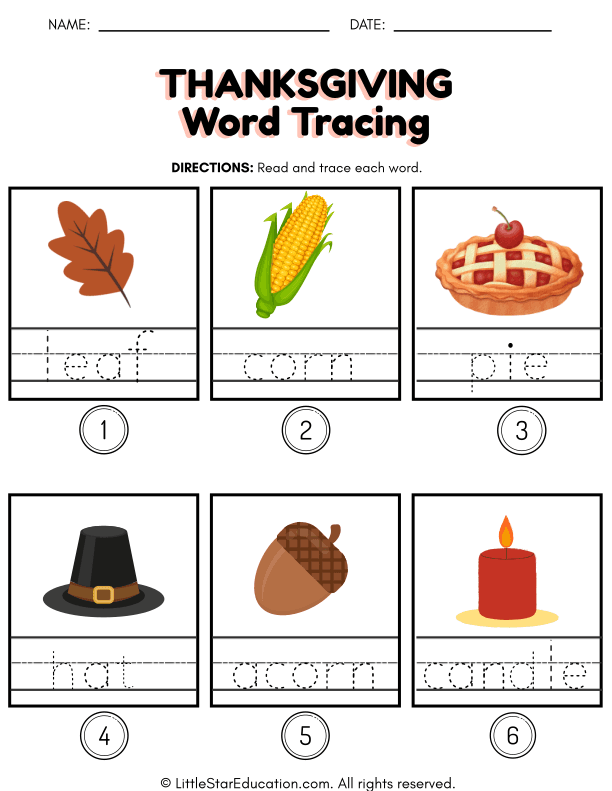 Thanksgiving Word Tracing Practice for Pre-K and Kindergarten