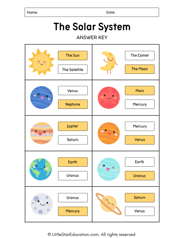 The Solar System Vocabulary Activity Worksheet