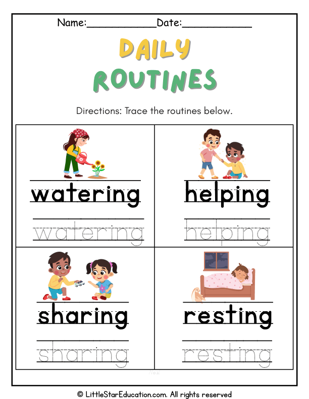 Tracing Daily Routine Words for Early Literacy Skills
