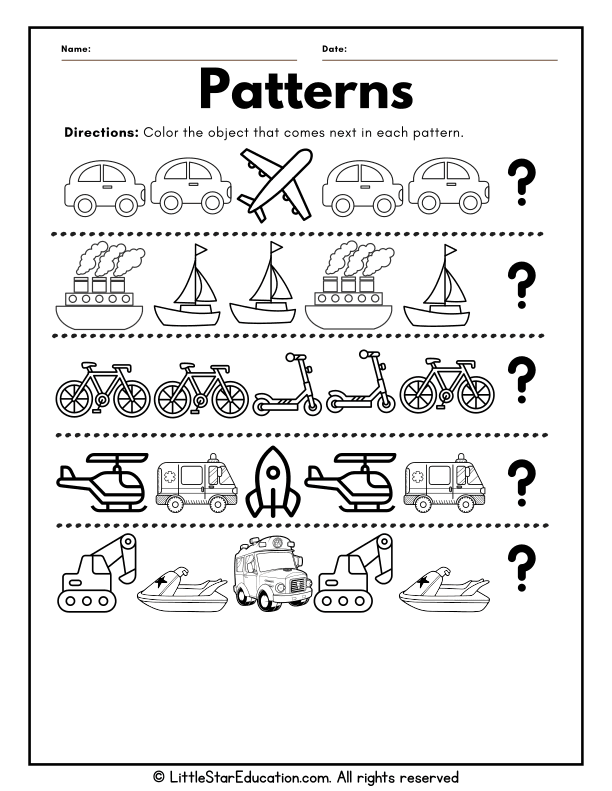 Transportation Pattern Recognition Coloring for Preschool Math