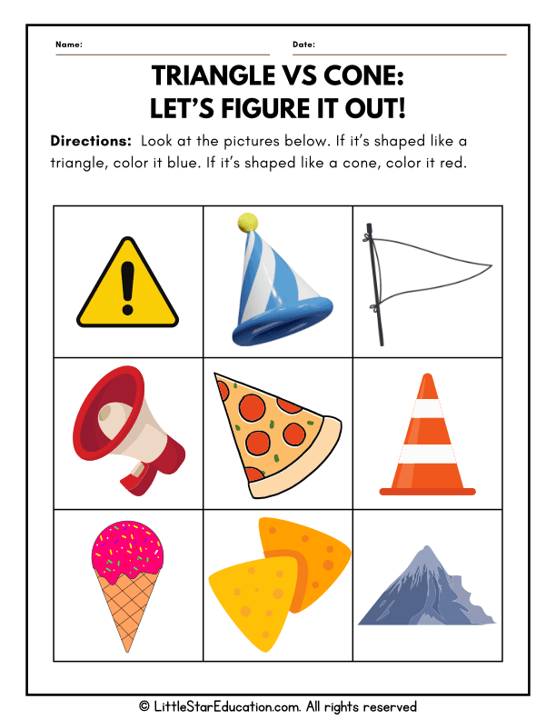Triangle vs Cone Shape Sorting for First Grade Math