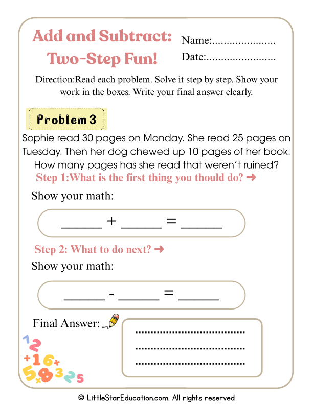 Two-Step Addition and Subtraction Problems for Grade 2-3 Math
