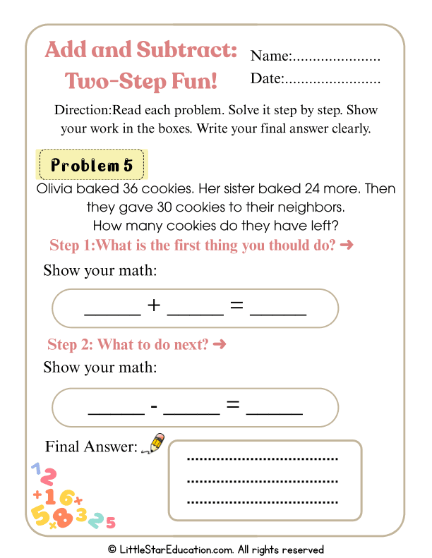 Two-Step Addition and Subtraction Problems for Grades 2-3 Math