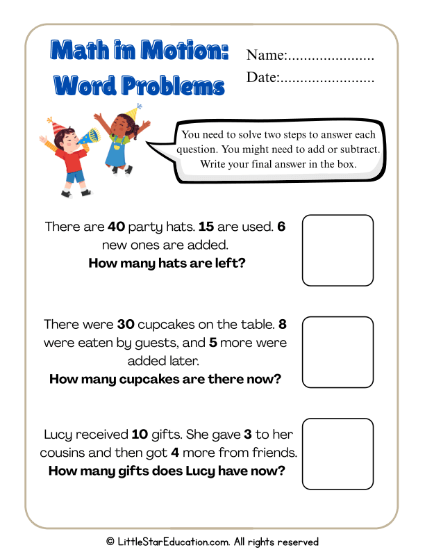 Two-Step Addition and Subtraction Word Problems for Early Math