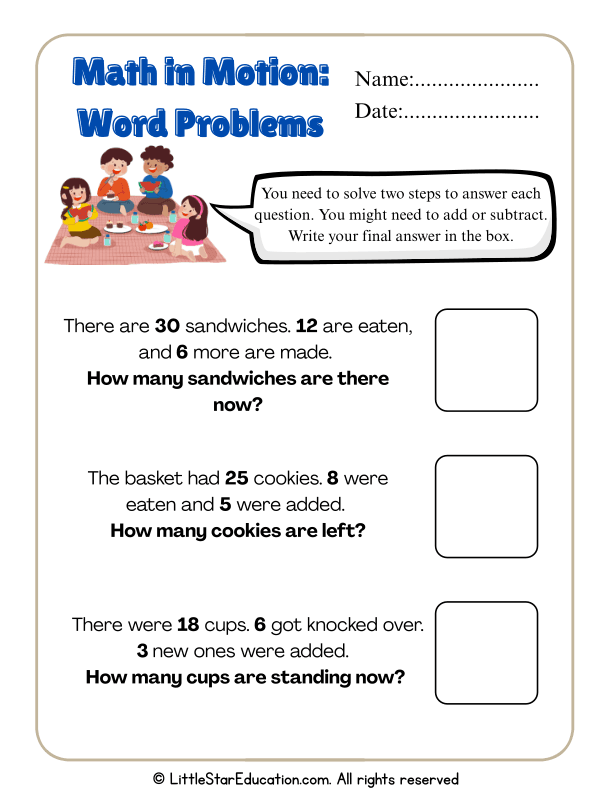 Two-Step Addition and Subtraction Word Problems for Grade 1-2 Math